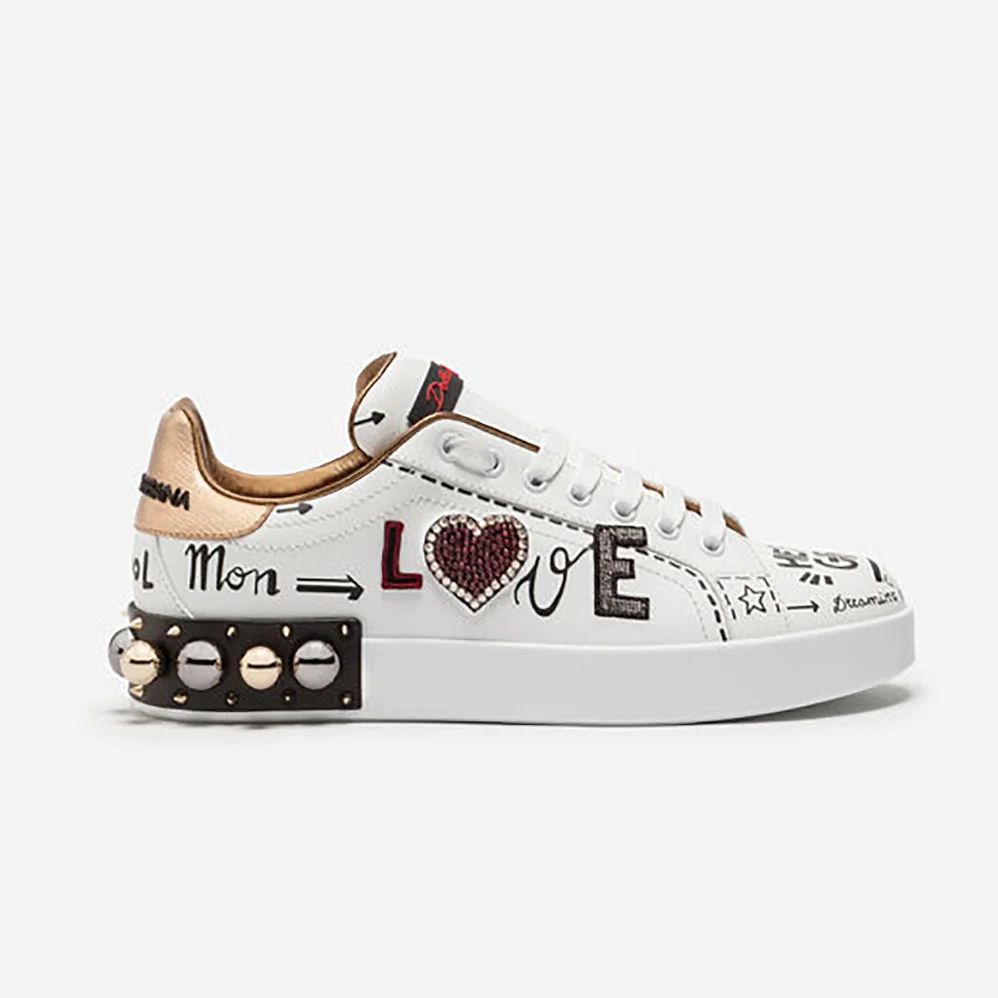 Dolce Gabbana D&G Shoes Zapatillas Portofino De Becerro Estampado Con Parche Y Bordados for Women in White Dolce Gabbana D&G Shoes Zapatillas Portofino De Becerro Estampado Con Parche Y Bordados for Women in White