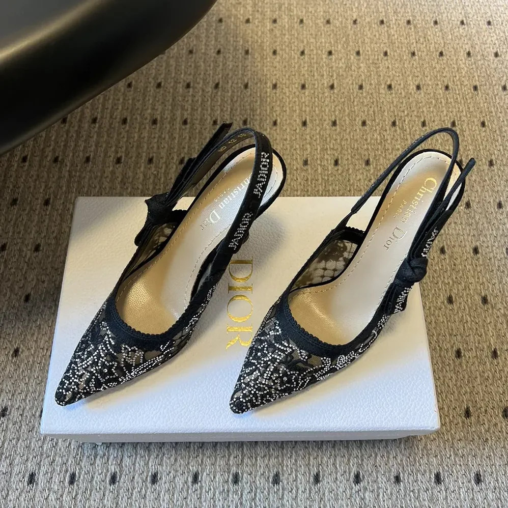 Dior J'Adior Slingback Pump Transparent Mesh Embroidered with Black Millefiori Motif for Women