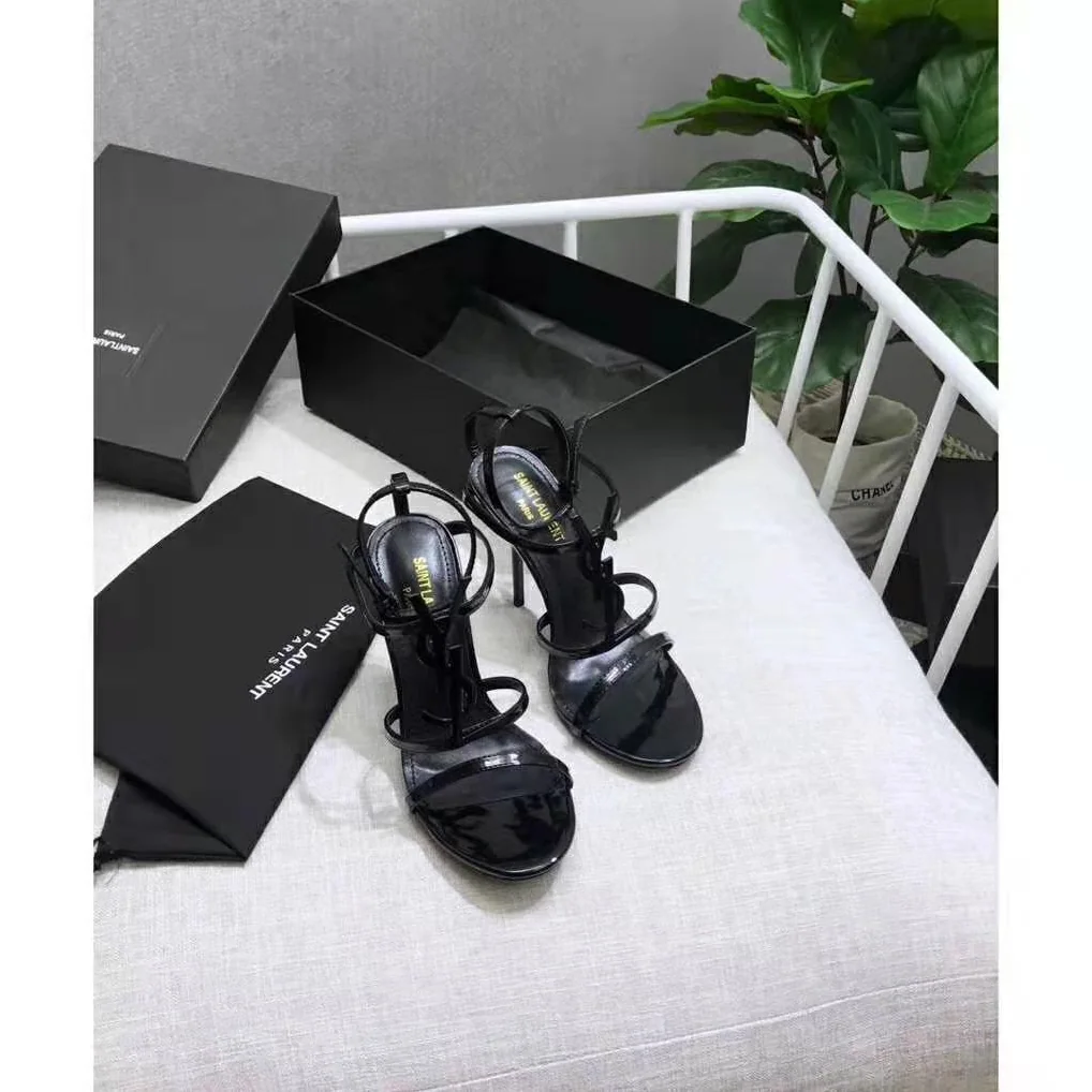 Saint Laurent YSL Cassandra Sandal Black Logo Patent 10.5cm for Women