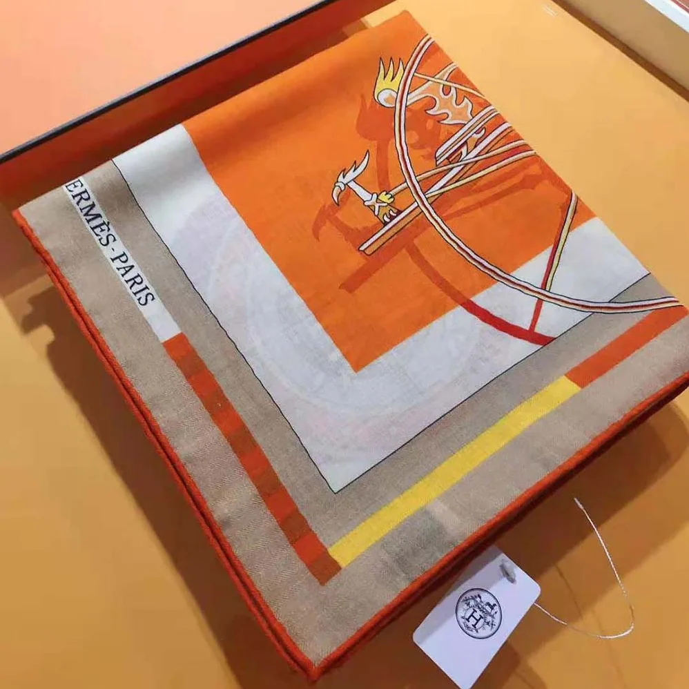 Hermes Voitures En Equilibre Shawl 140 for Women in Orange Hermes Voitures En Equilibre Shawl 140 for Women in Orange