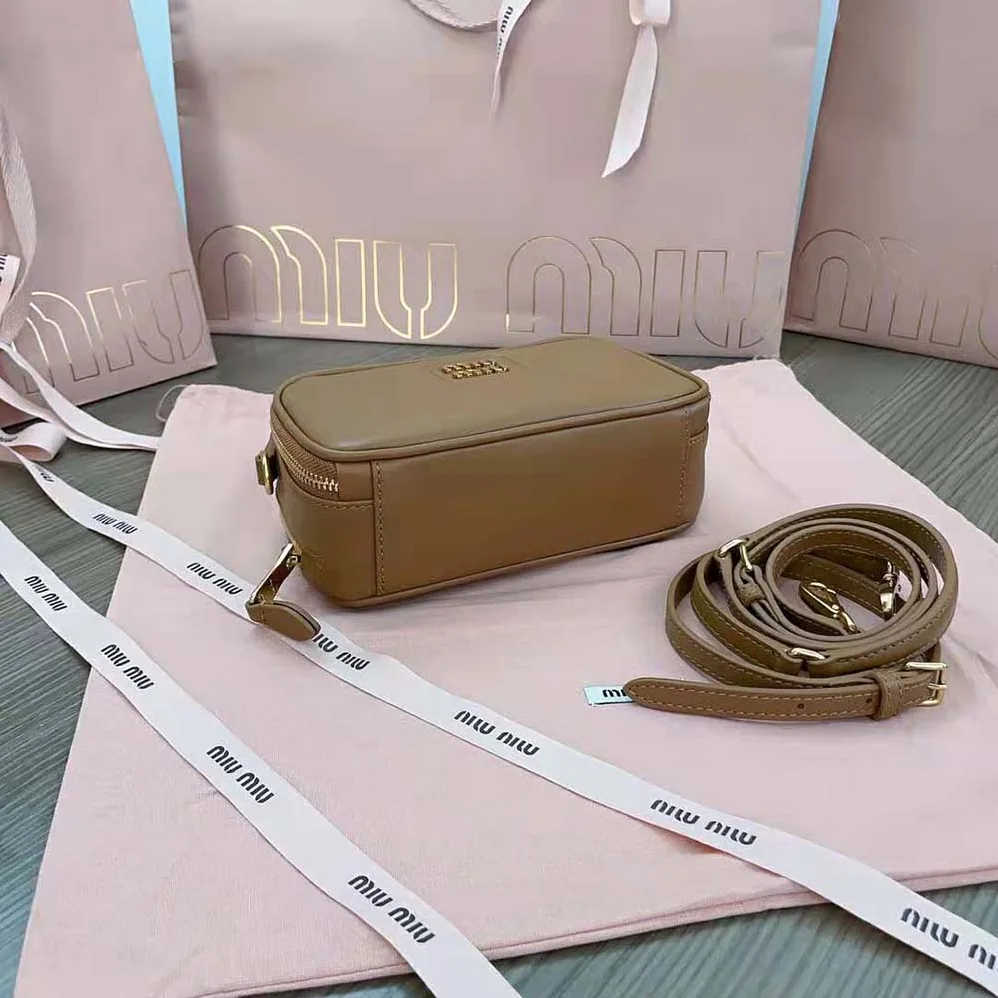 Miu Miu Arcadie Leather Bag with Metal Lettering Logo for Women in Brown Miu Miu Arcadie Leather Bag with Metal Lettering Logo for Women in Brown