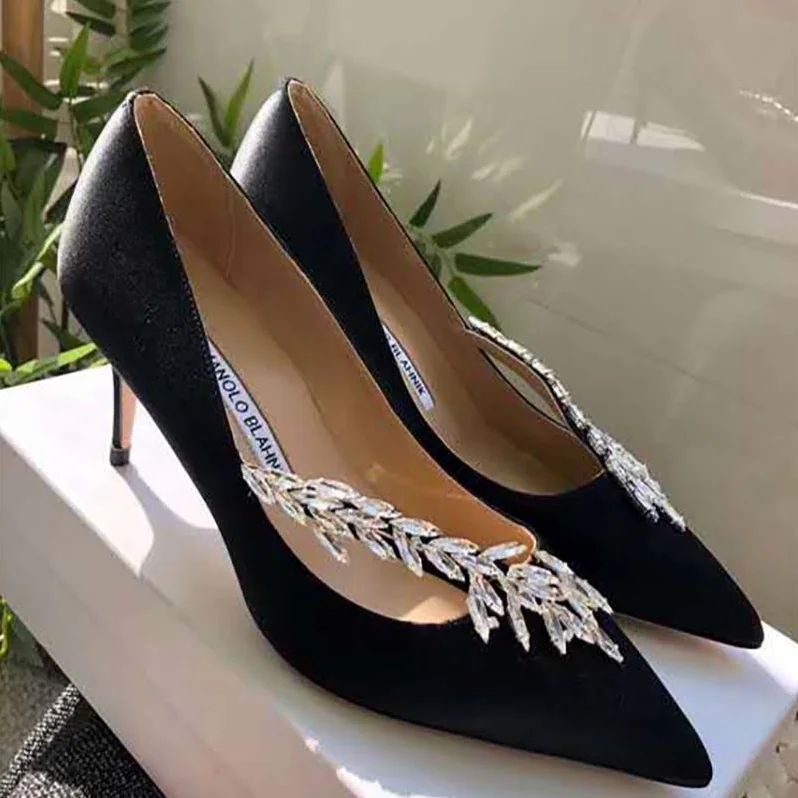 Manolo Blahnik Shoes Nadira Satin Jewel Buckle Pumps 90mm Heel for Women in Black