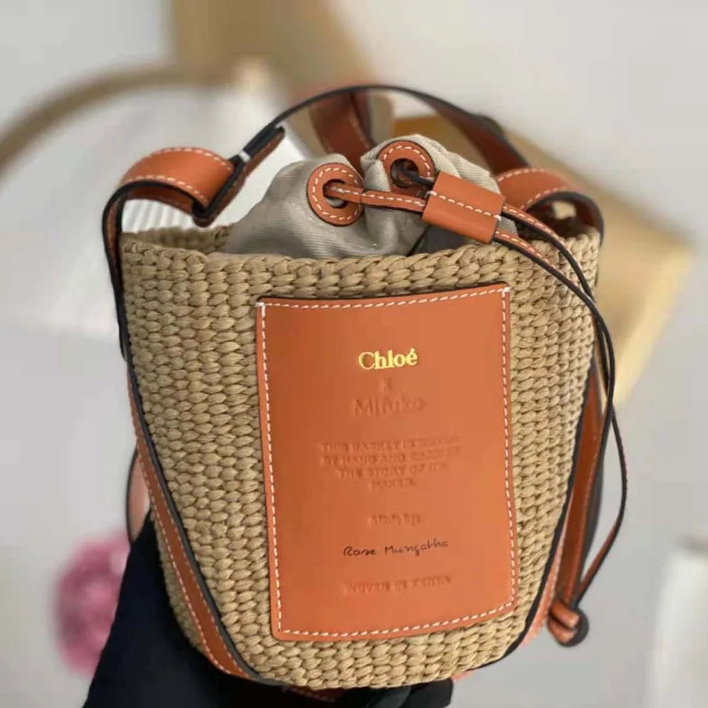 Chloe Small Basket in Fair-Trade Paper and Shiny Calfskin for Women in Orange