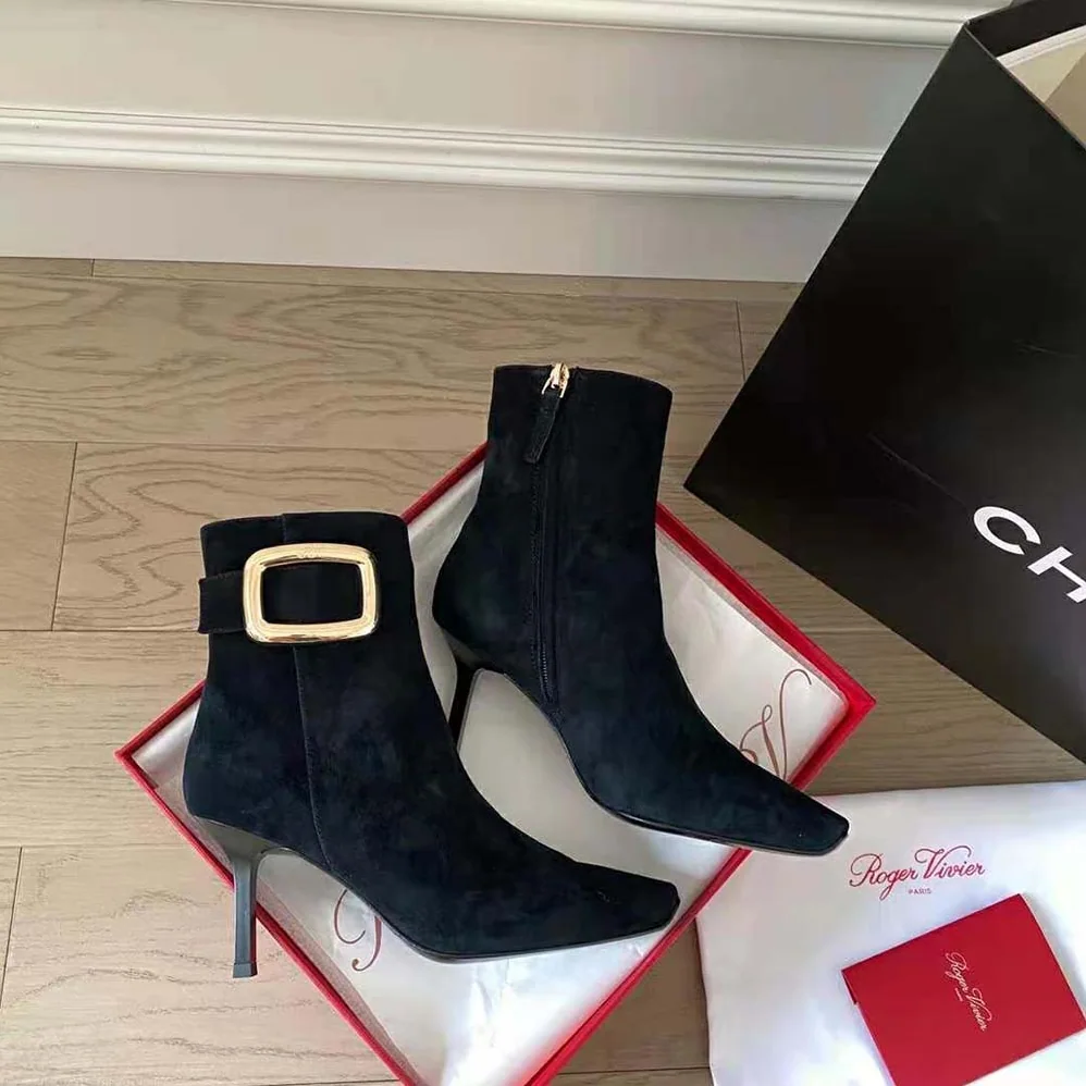Roger Vivier Viv' Choc Metal Buckle Booties in Suede for Women in Black Roger Vivier Viv' Choc Metal Buckle Booties in Suede for Women in Black