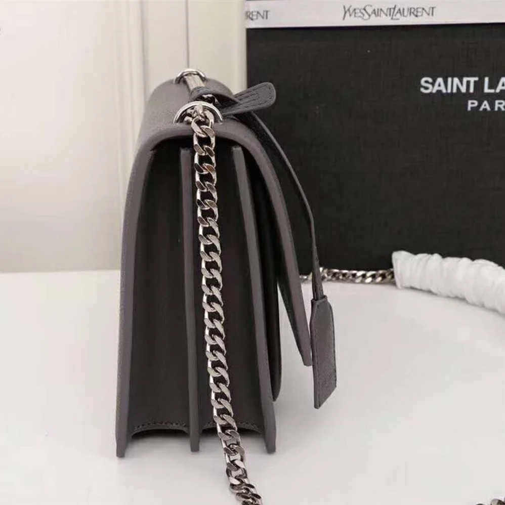 Saint Laurent YSL Medium Sunset Bag in Calfskin Leather in Grey