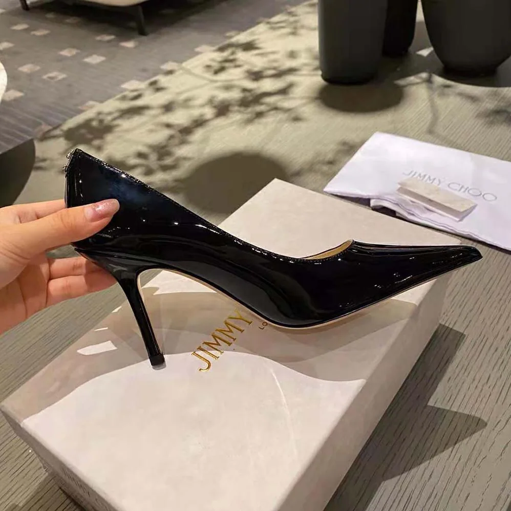 Jimmy Choo Love 100 Black Patent Leather Point-Toe Pumps with JC Emblem for Women Jimmy Choo Love 100 Black Patent Leather Point-Toe Pumps with JC Emblem for Women