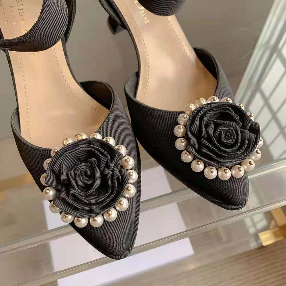 Dior Dior Rose Pump Black Grosgrain and White Resin Pearls for Women Dior Dior Rose Pump Black Grosgrain and White Resin Pearls for Women
