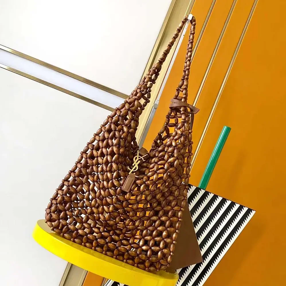 Saint Laurent YSL Le 5 A 7 Large in Wood Beads for Women in Brwon