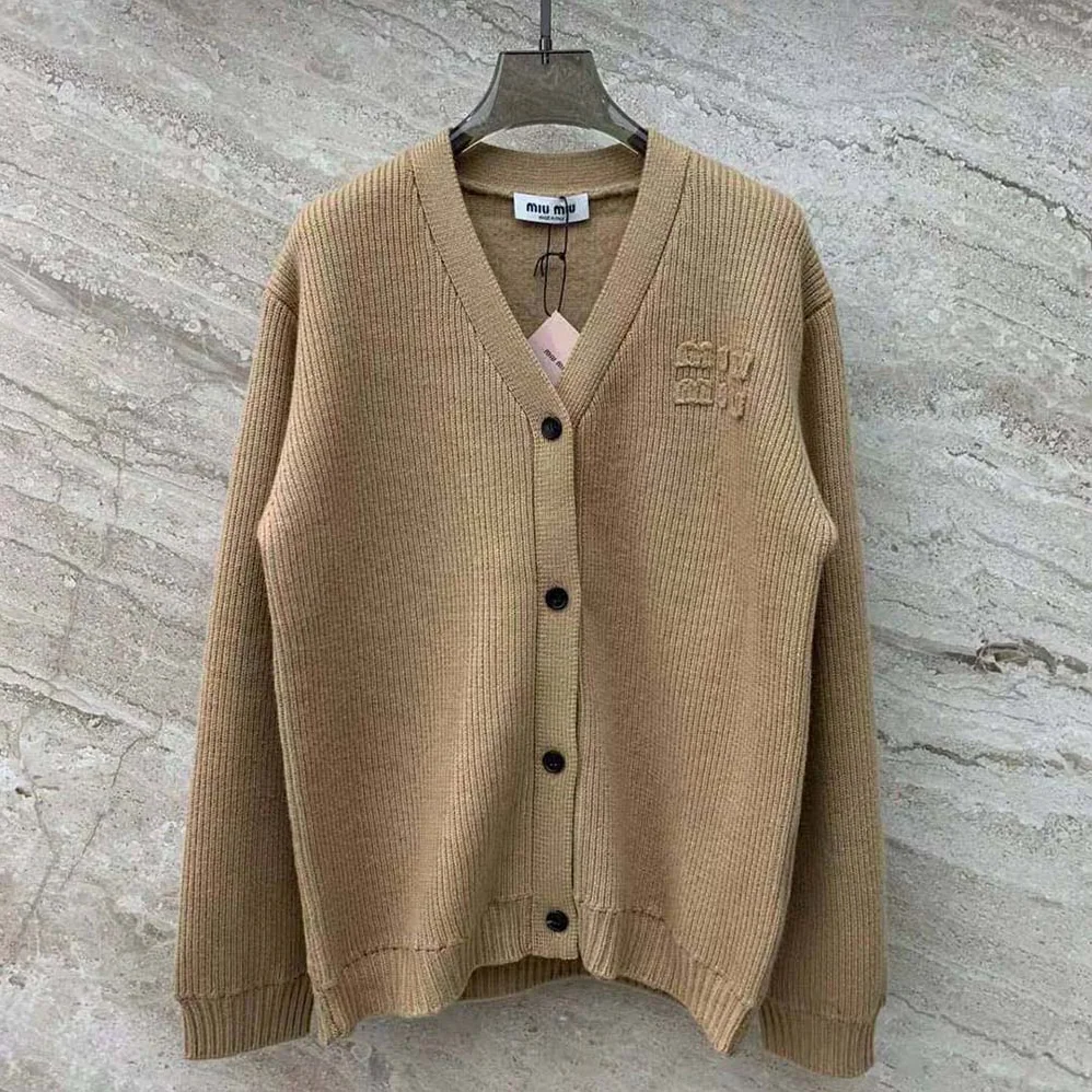 Miu Miu Wool and Nylon Knit Cardigan for Women in Beige Miu Miu Wool and Nylon Knit Cardigan for Women in Beige