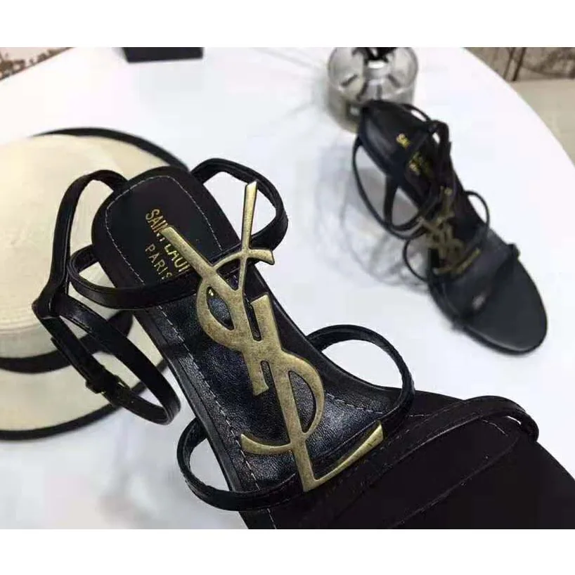 Saint Laurent YSL Cassandra Sandals with Gold Logo in Smooth Leather (110) Heel Height for Women in Black