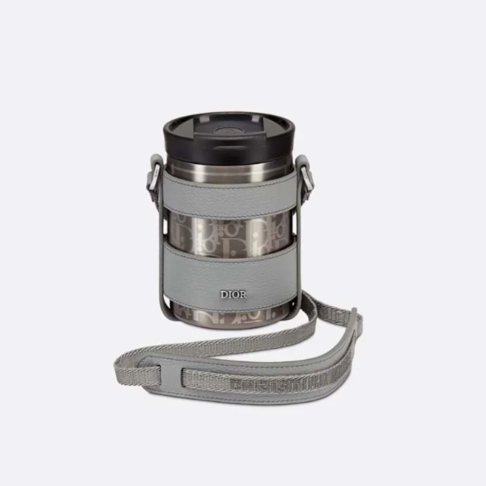 Dior Aqua Mug with Shoulder Strap Dior Gray Grained Calfskin and Dior Oblique Stainless Steel for Unisex