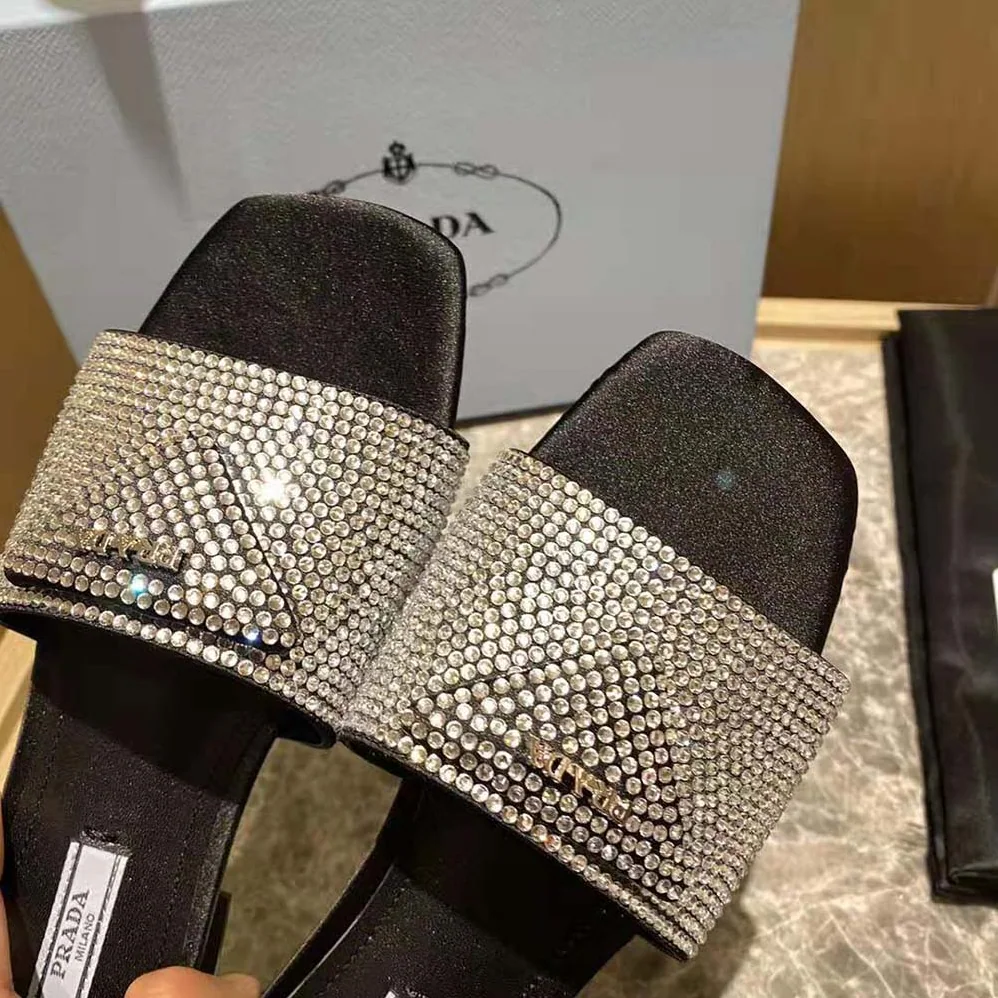 Prada Satin Slides with Crystals for Women in Black Prada Satin Slides with Crystals for Women in Black