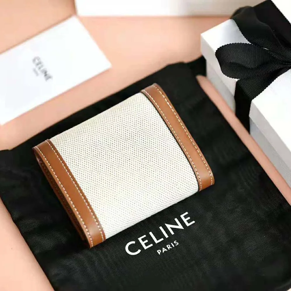 Celine Small Triomphe Wallet in Textile and Calfskin for Women in Brown Celine Small Triomphe Wallet in Textile and Calfskin for Women in Brown