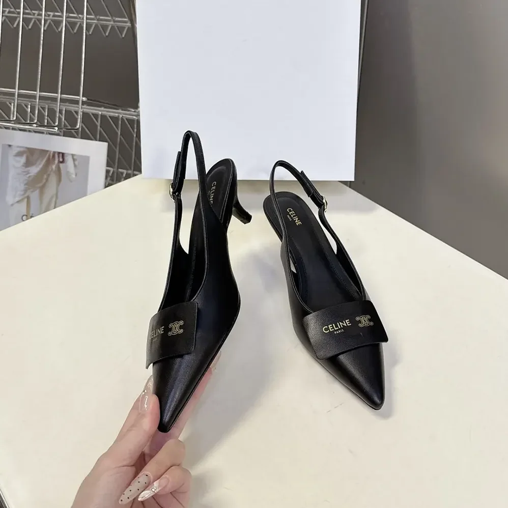 Celine Signature-Slingback With Label In Lambskin for Women in Black Celine Signature-Slingback With Label In Lambskin for Women in Black