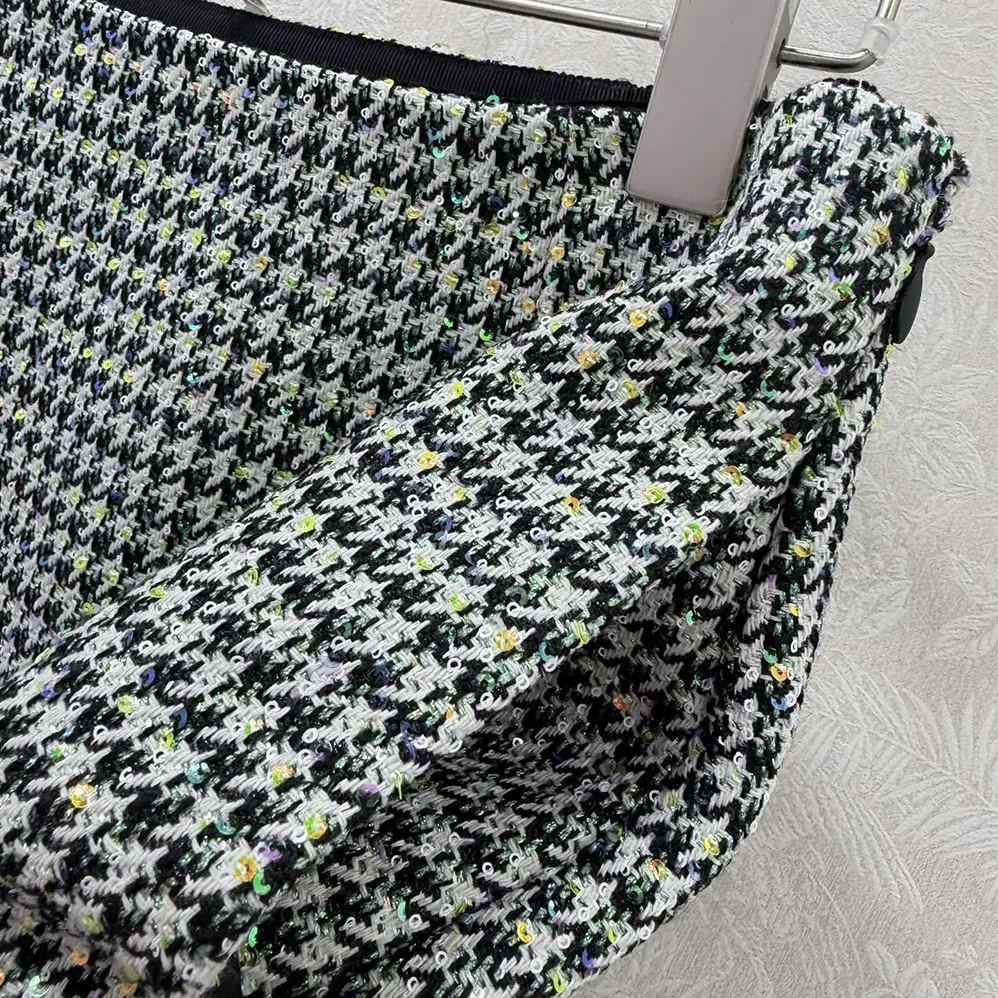 Dior Flared Miniskirt Black and White Houndstooth Virgin Wool Blend with Multicolor Sequins for Women