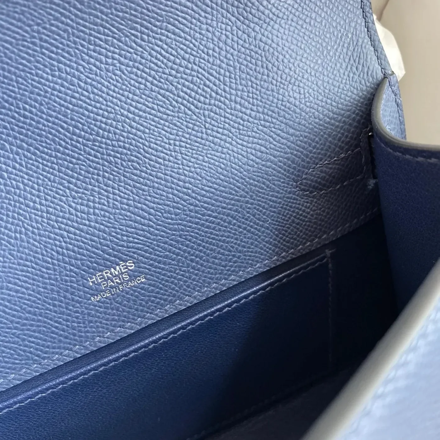 Hermes Kelly Pochette Top Handle Bag in Navy Epsom Palladium Hardware