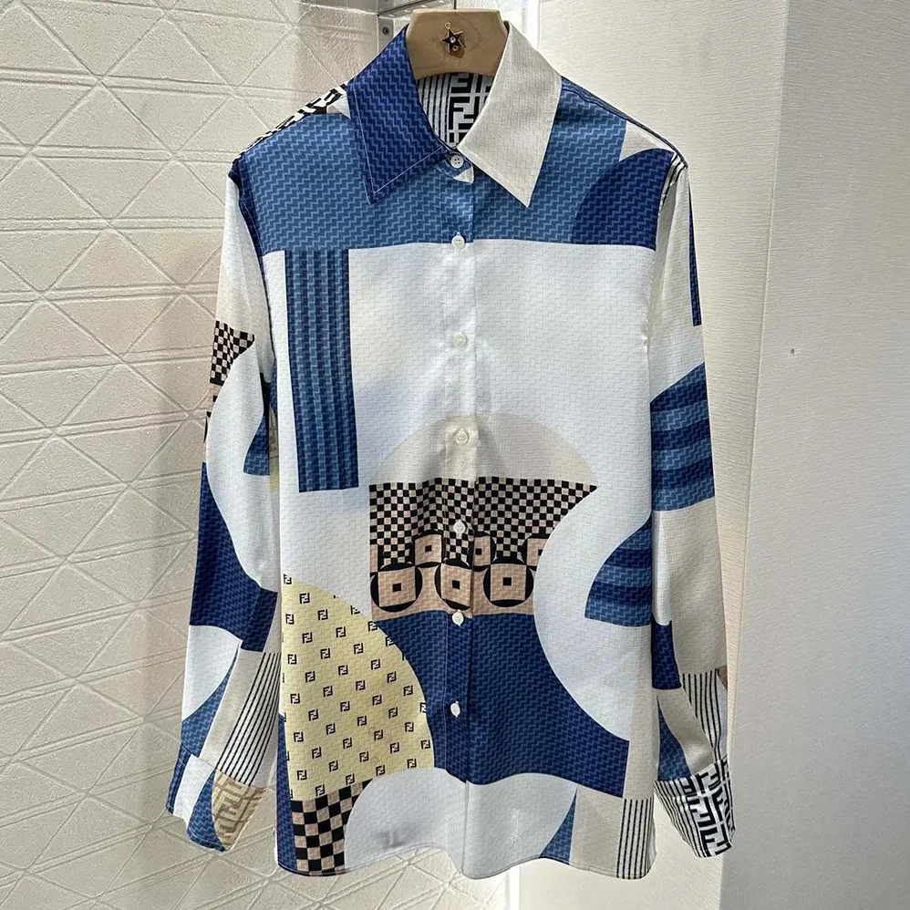 Fendi Blue Silk Shirt with Patchwork Print for Women Fendi Blue Silk Shirt with Patchwork Print for Women