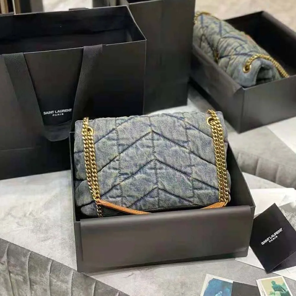 Saint Laurent YSL Puffer Small Bag in Quilted Vintage Denim and Suede for Women Saint Laurent YSL Puffer Small Bag in Quilted Vintage Denim and Suede for Women