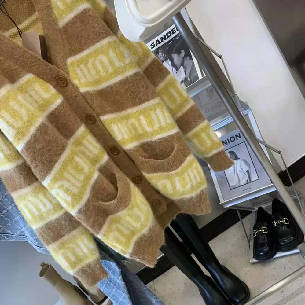 Miu Miu Oversized Mohair Cardigan with Intarsia Logo for Women in Yellow