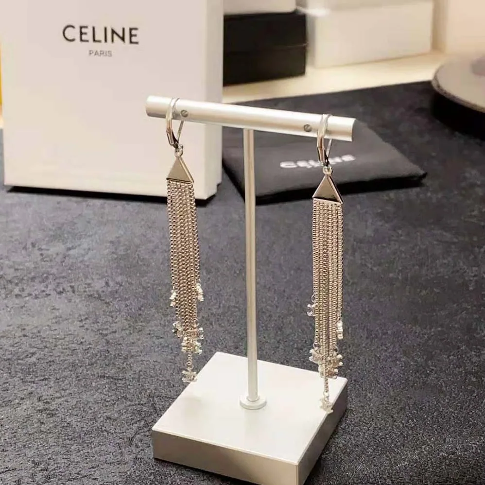 Celine Triomphe Folk Fringe Earrings in Brass with Rhodium Finish for Women Celine Triomphe Folk Fringe Earrings in Brass with Rhodium Finish for Women