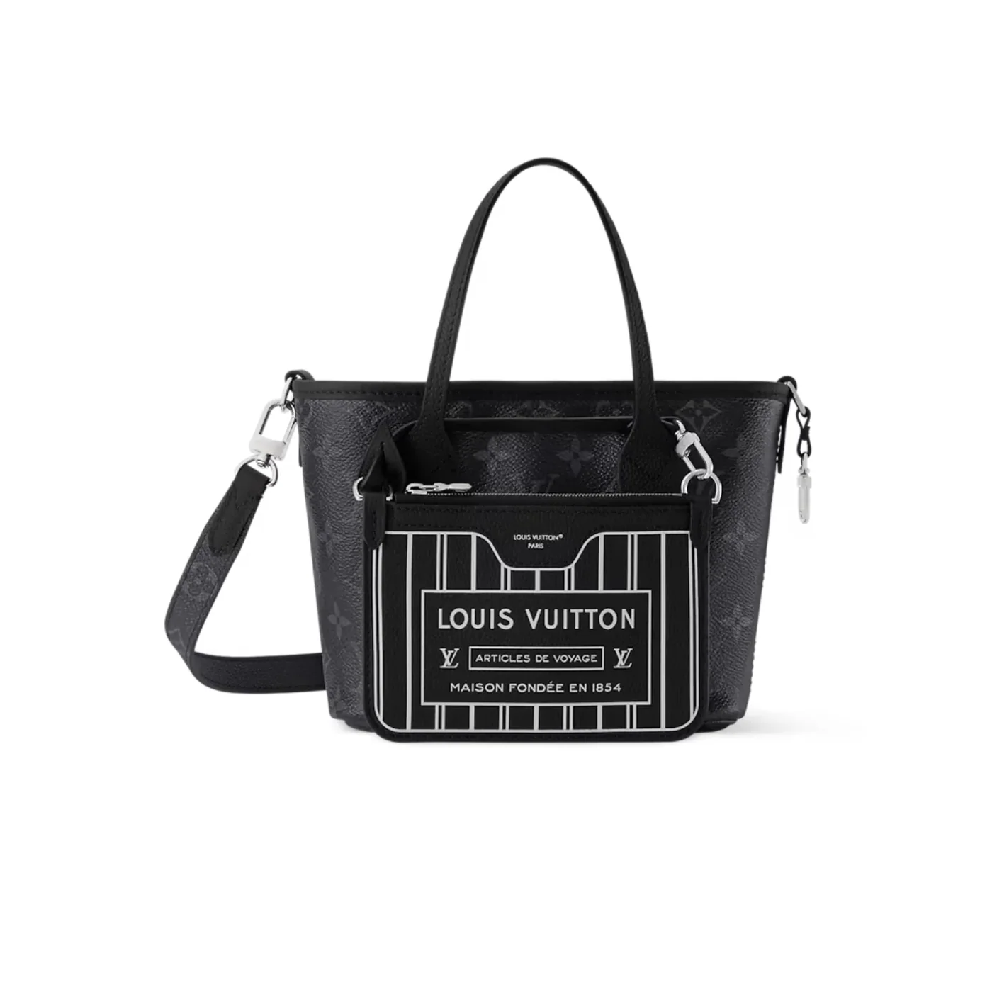 Louis Vuitton Neverfull Bandouliere Inside Out BB Tote Bag in Black Silver Hardware