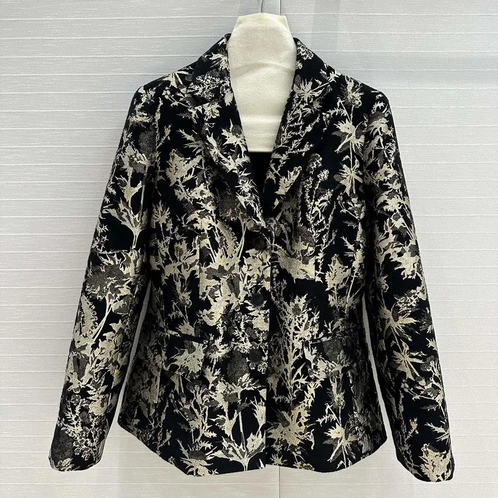 Dior Fitted Jacket Black Technical Fabric with Gold-Tone Dior Chardons Motif in Metallic Thread for Women