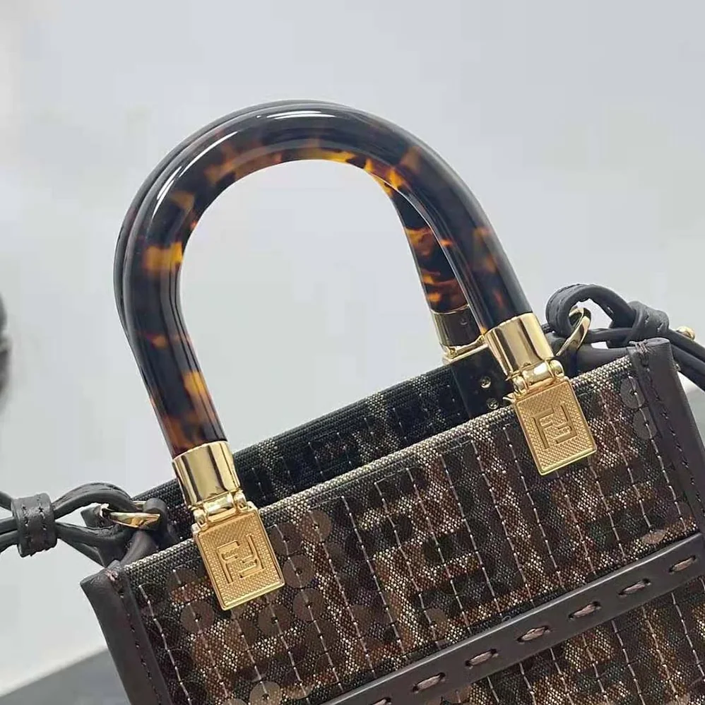 Fendi Mini Sunshine Shopper Brown FF Jacquard Fabric Mini Bag with Sequins for Women