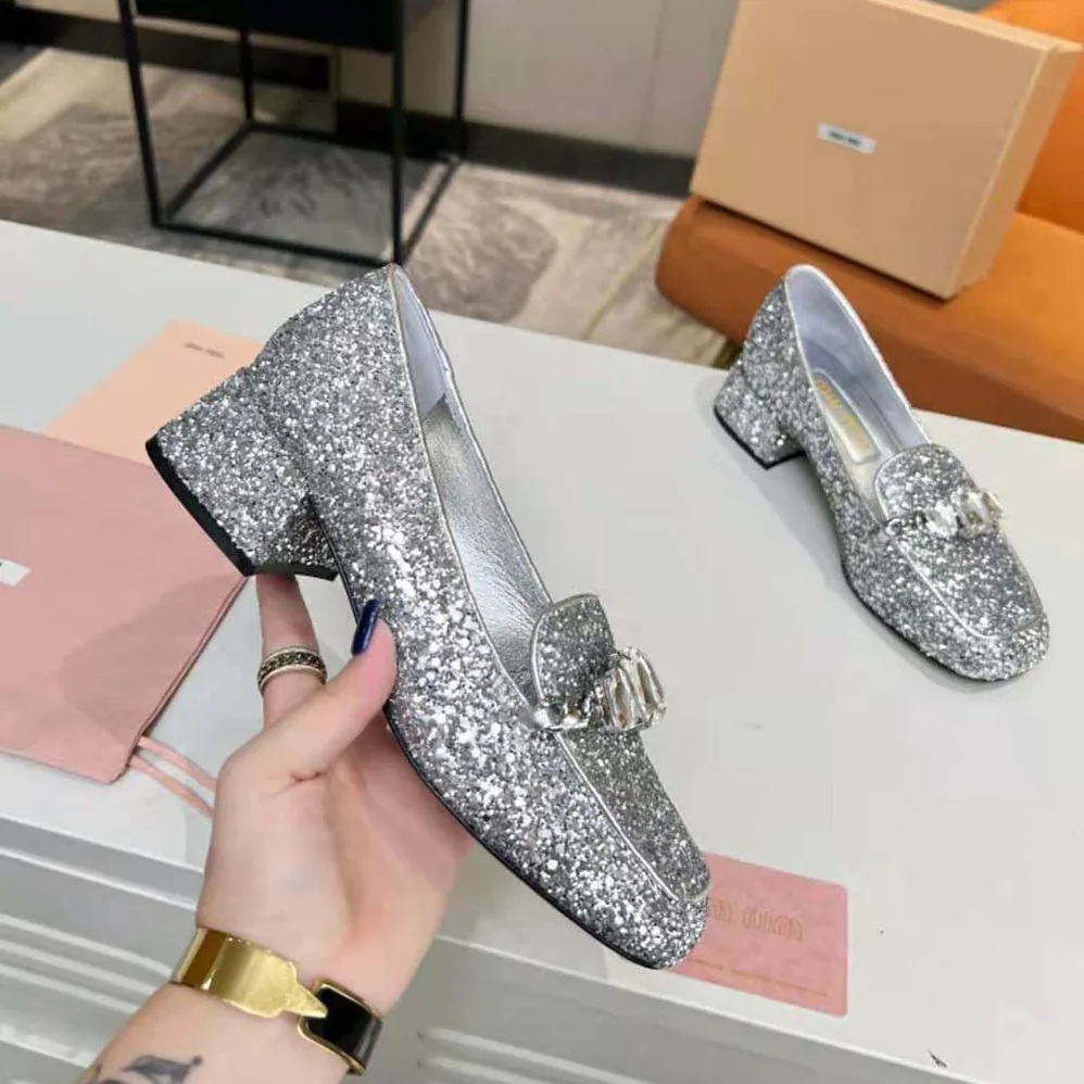Miu Miu Glitter Fabric Loafers with Fabric Logo Label for Women Miu Miu Glitter Fabric Loafers with Fabric Logo Label for Women