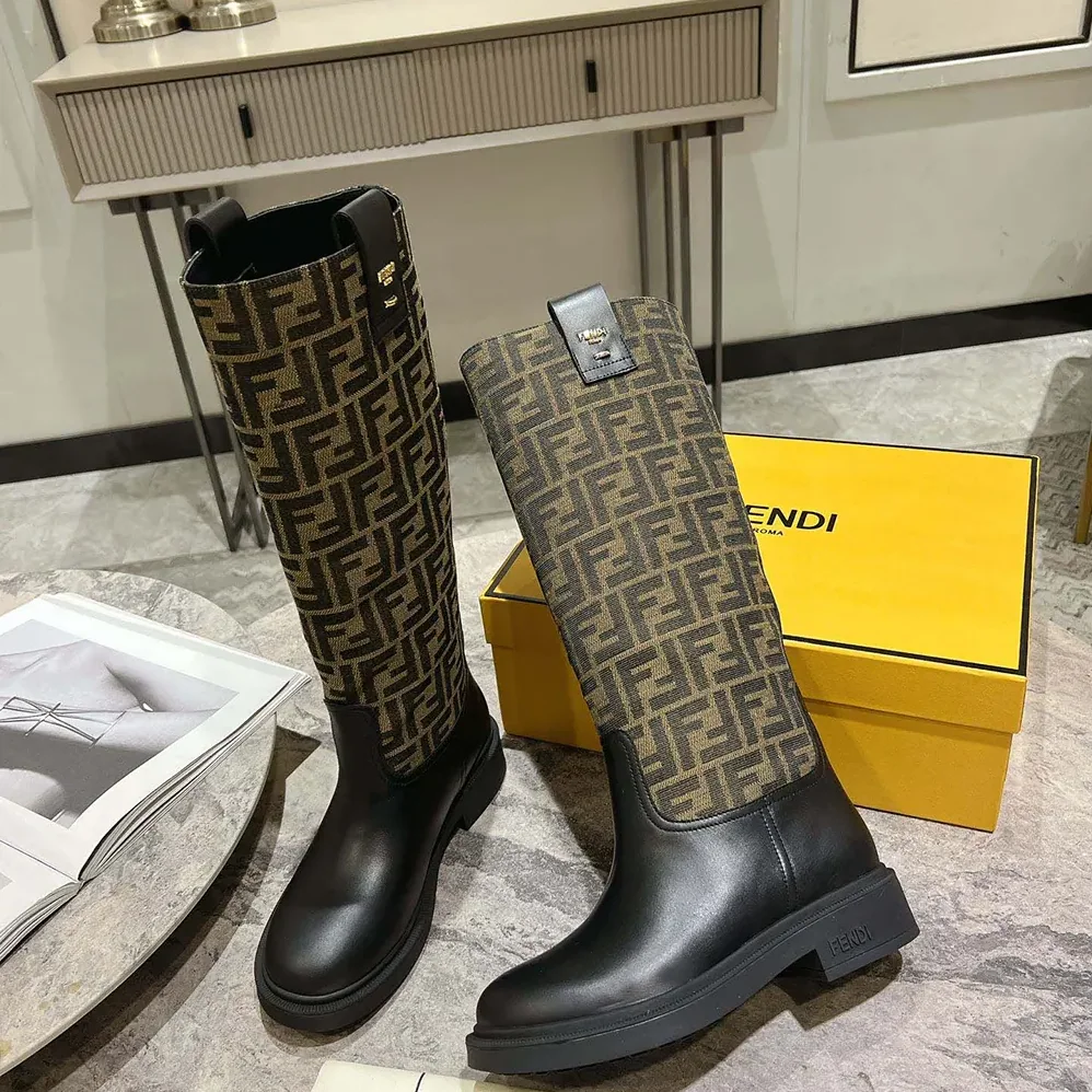 Fendi Filo Black Leather and Brown FF Fabric Boots for Women Fendi Filo Black Leather and Brown FF Fabric Boots for Women