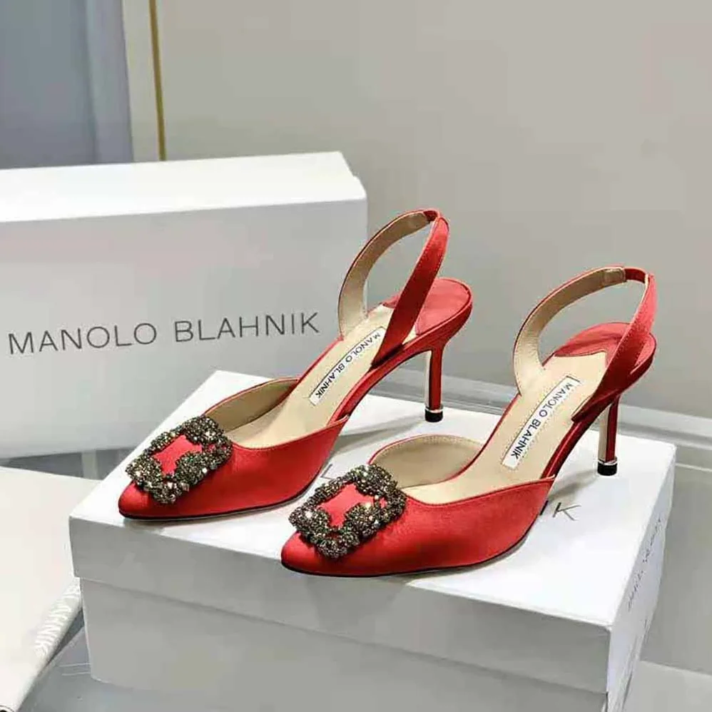 Manolo Blahnik Red Satin Jewel Buckle Slingback Pumps for Women Manolo Blahnik Red Satin Jewel Buckle Slingback Pumps for Women