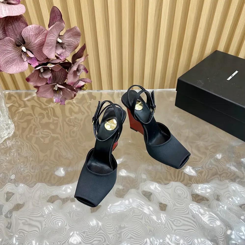 Saint Laurent YSL La Scandale Wedges in Satin Crepe for Women in Black Saint Laurent YSL La Scandale Wedges in Satin Crepe for Women in Black