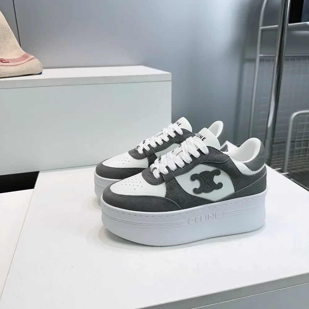 Celine Block Wedge Sneaker With Triomphe Patch In Calfskin And Suede Calfskin for Women in Gray Celine Block Wedge Sneaker With Triomphe Patch In Calfskin And Suede Calfskin for Women in Gray
