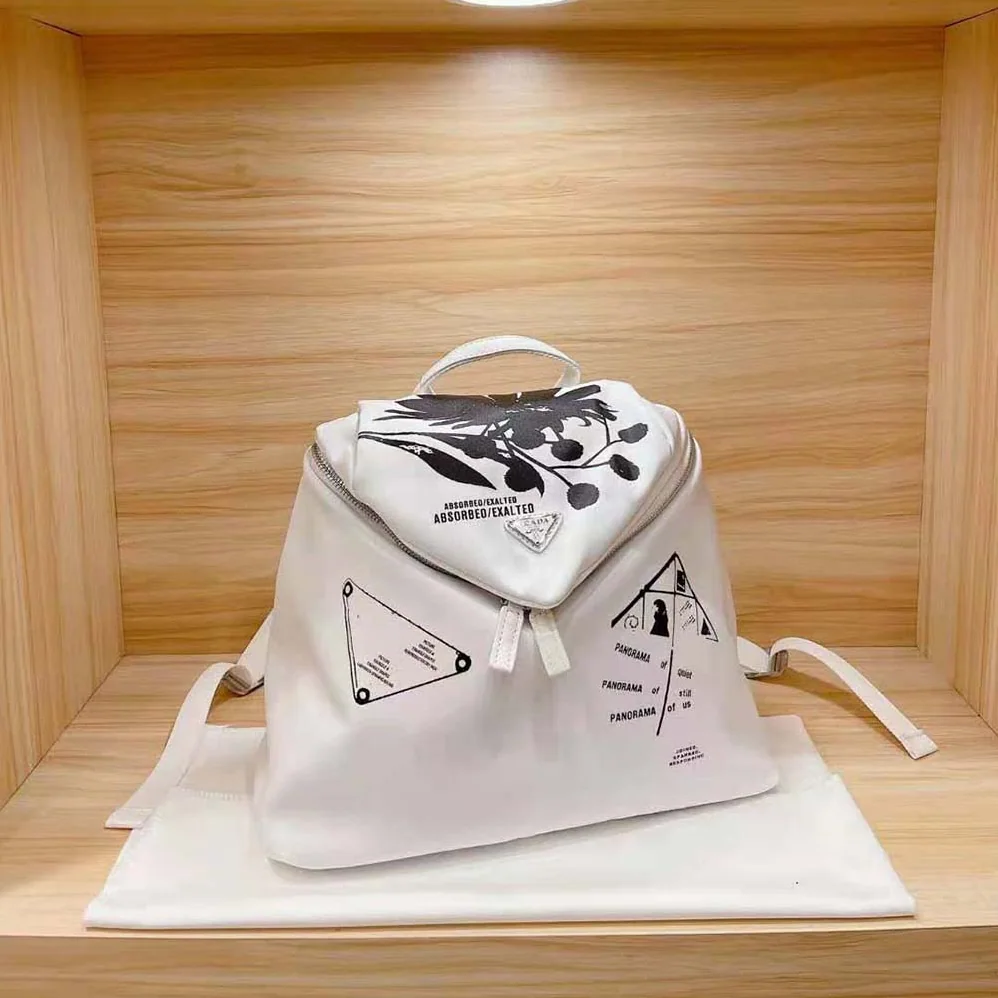 Prada Signaux Printed Nylon Backpack for Women in White Prada Signaux Printed Nylon Backpack for Women in White