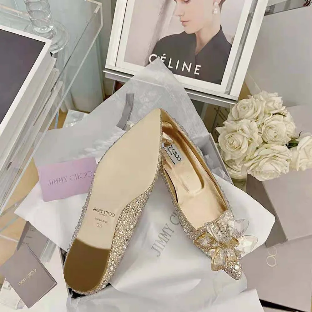 Jimmy Choo Attila Rose Gold Crystal Covered Pointy Toe Flats for Women Jimmy Choo Attila Rose Gold Crystal Covered Pointy Toe Flats for Women