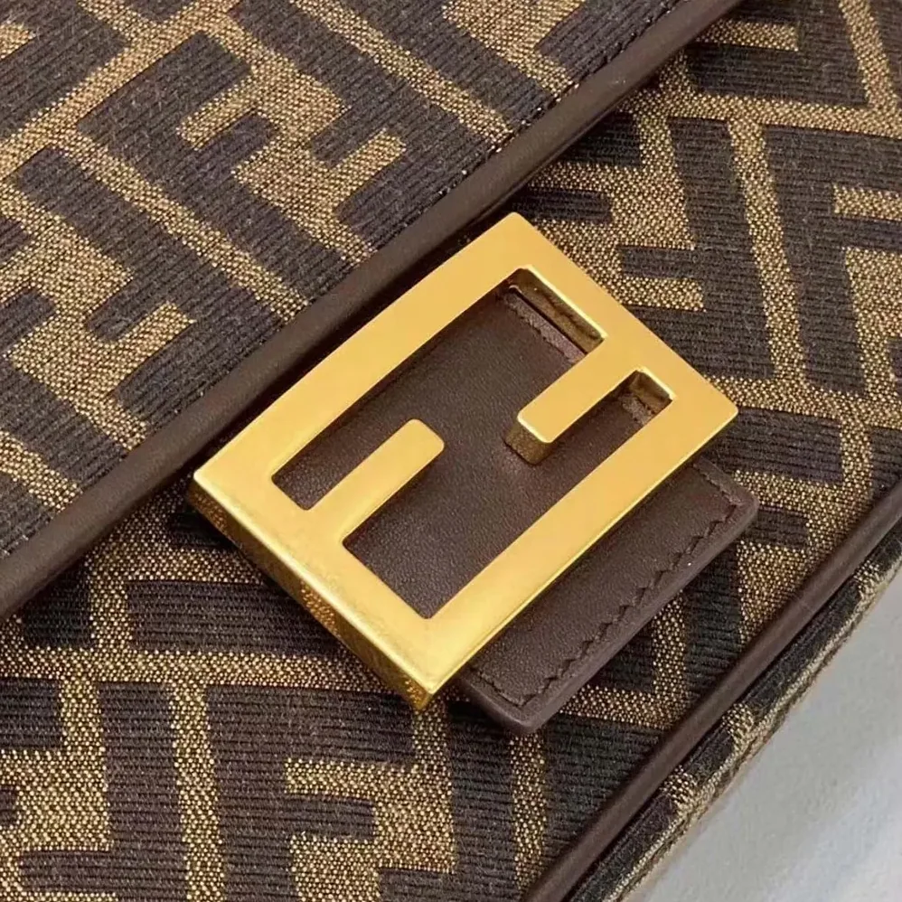 Fendi Baguette Chain MidiBrown FF Jacquard Fabric Bag for Women