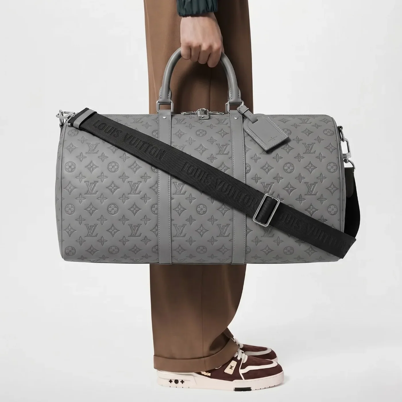 Louis Vuitton Keepall Bandouliere 50 Travel Bag in Grey Black Hardware Louis Vuitton Keepall Bandouliere 50 Travel Bag in Grey Black Hardware