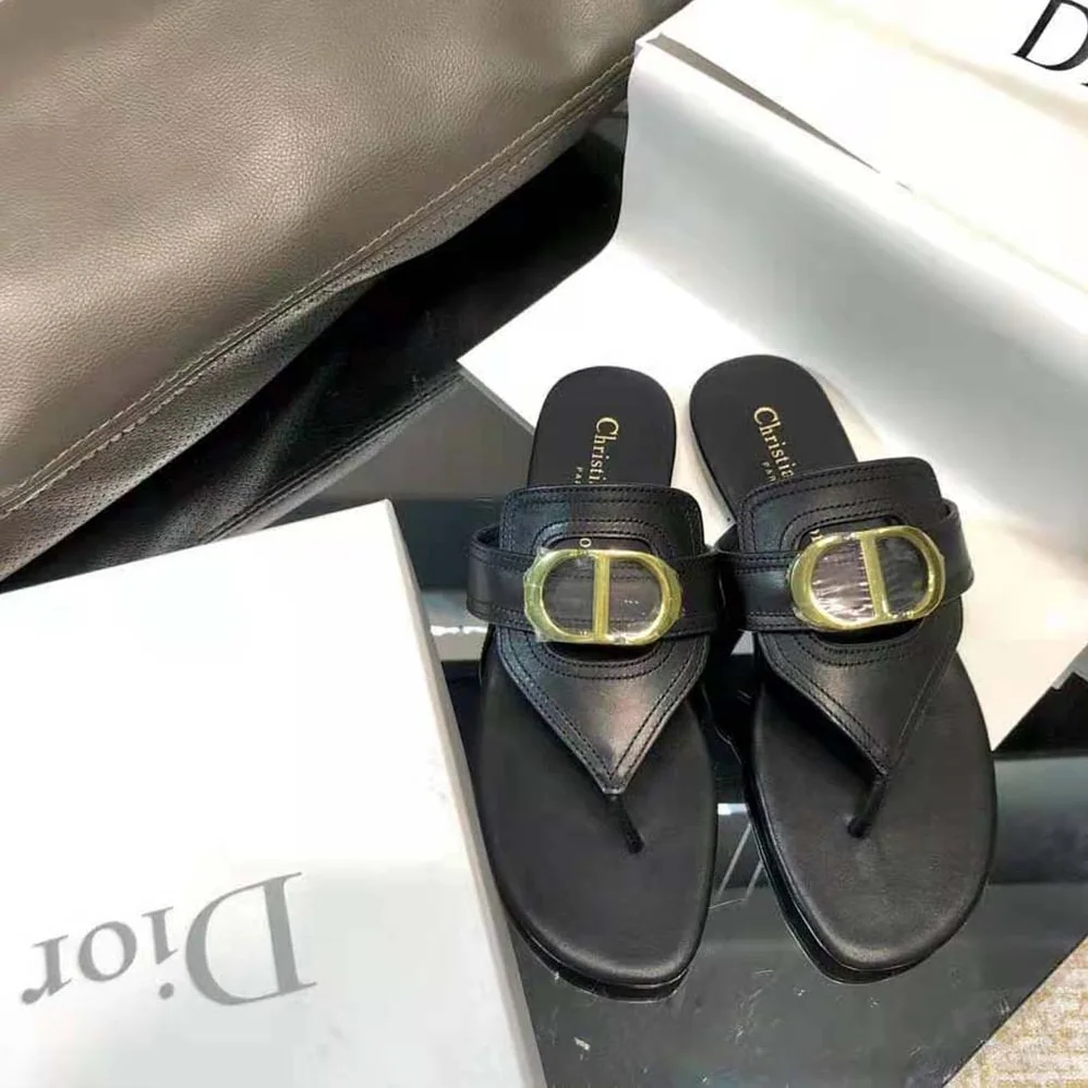Dior 30 Montaigne Flat Thong Black Calfskin for Women Dior 30 Montaigne Flat Thong Black Calfskin for Women