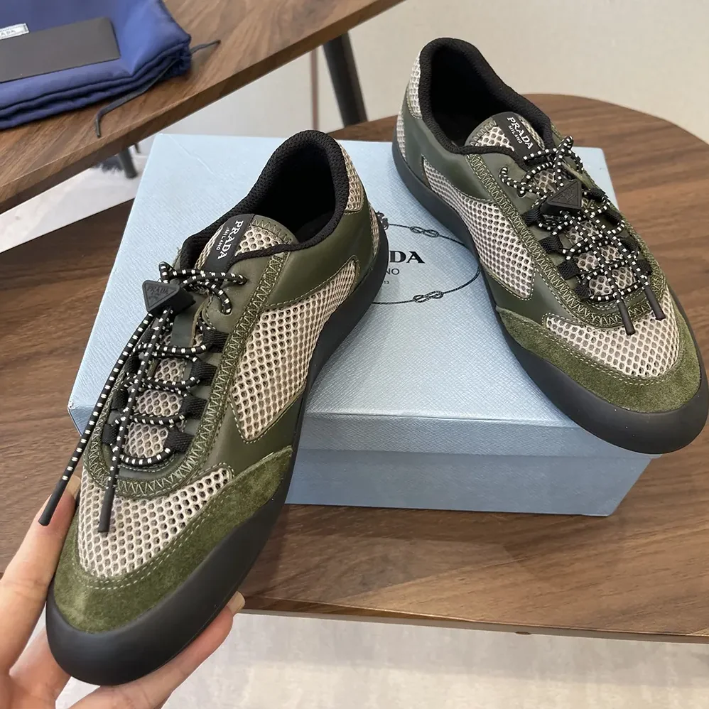 Prada Speedrock Leather And Mesh Fabric Sneakers for Unisex in Dark Green