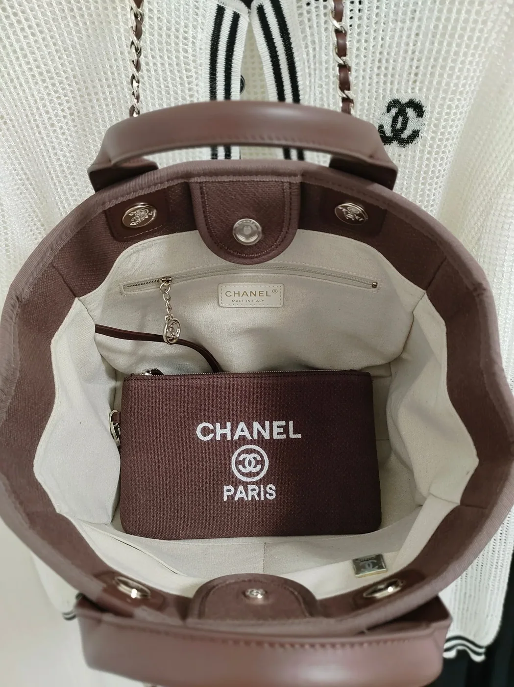 Chanel Deauville Tote Bag in Burgundy Silver Hardware