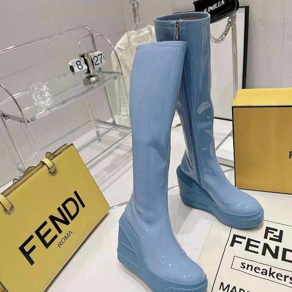 Fendi Fashion Show Blue Patent Leather Boots for Women