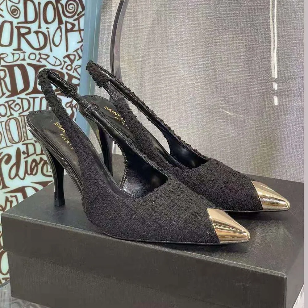 Saint Laurent YSL Vesper Slingback Pumps in Boucle Tweed for Women in Black Saint Laurent YSL Vesper Slingback Pumps in Boucle Tweed for Women in Black