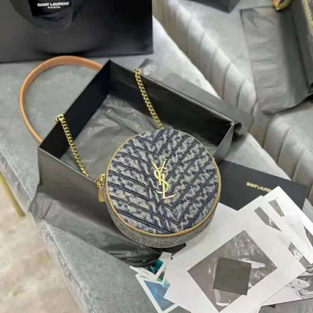 Saint Laurent YSL Vinyle Round Camera Bag in Chevron for Women in Quilted Denim and Suede Saint Laurent YSL Vinyle Round Camera Bag in Chevron for Women in Quilted Denim and Suede