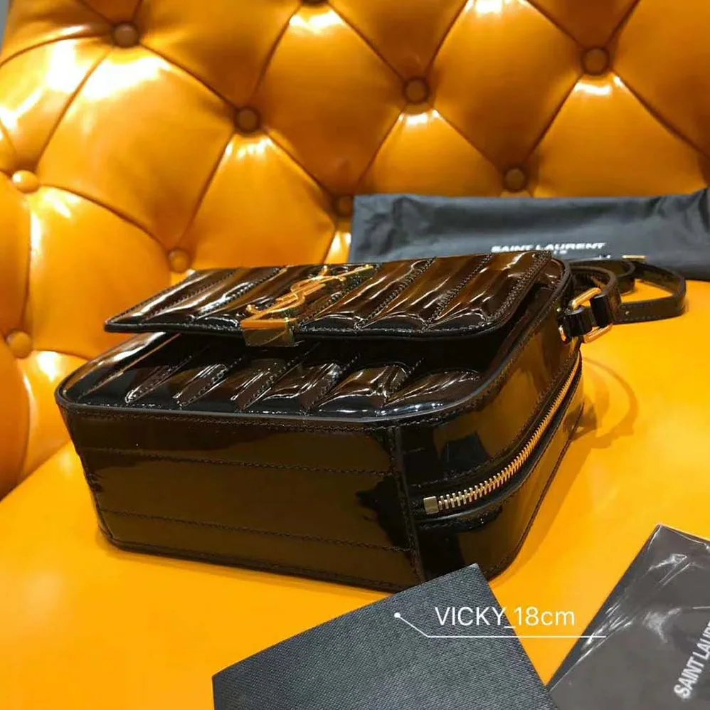 Saint Laurent YSL Vicky Camera Bag Quilted Patent for Women in Black