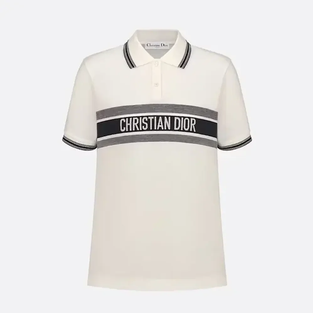 Dior Polo Shirt White and Navy Blue Cotton Jersey for Women