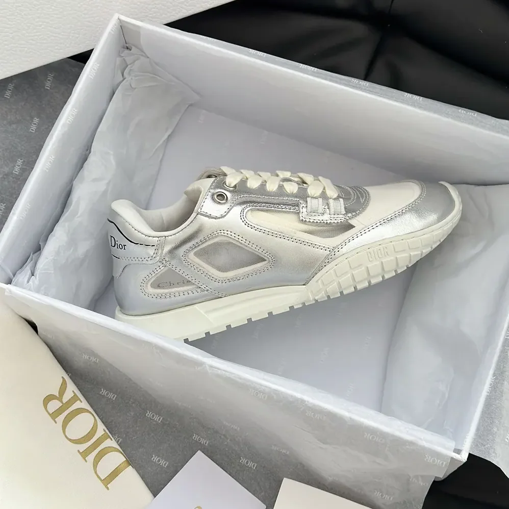 Dior Tech Sneaker Silver-Tone Laminated Grained Calfskin and Transparent Mesh for Unisex