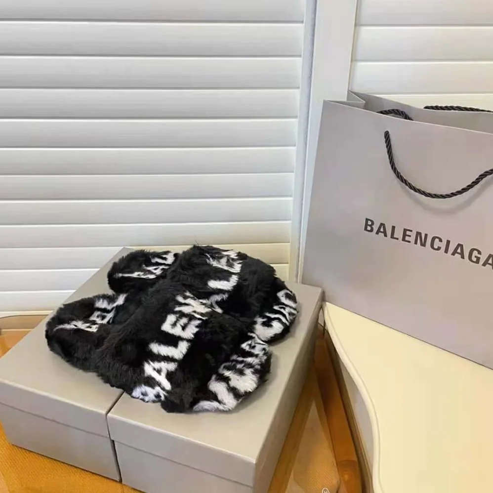 Balenciaga Furry Slide Sandal Allover Logo in Black and White Fake Fur for Women Balenciaga Furry Slide Sandal Allover Logo in Black and White Fake Fur for Women