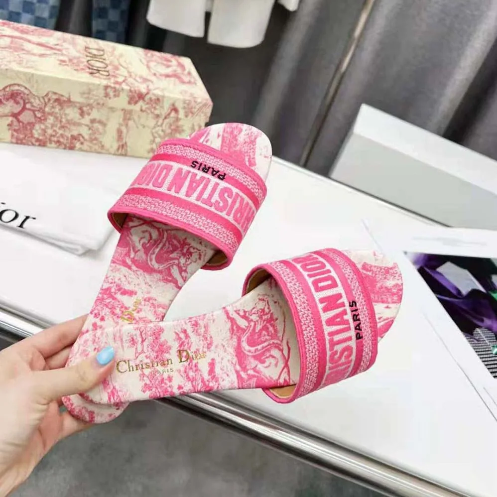 Dior Dway Slide Bright Pink Toile De Jouy Embroidered Cotton for Women Dior Dway Slide Bright Pink Toile De Jouy Embroidered Cotton for Women