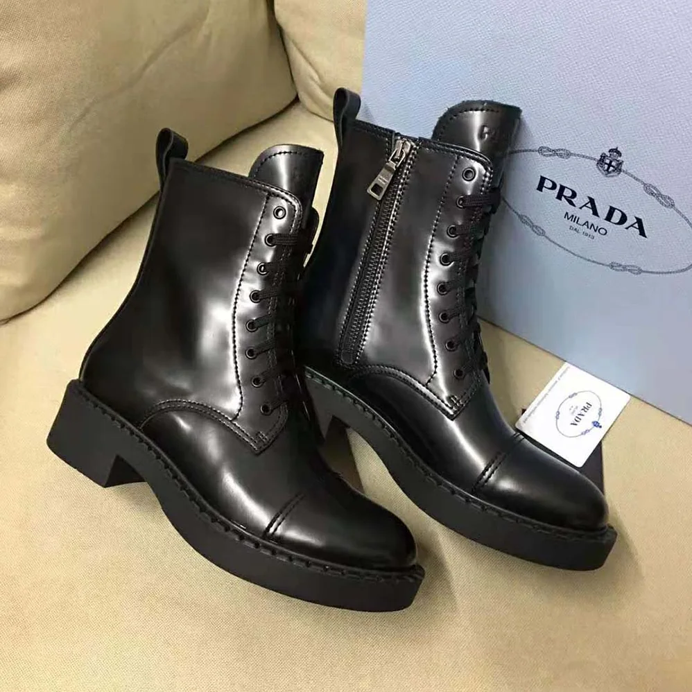 Prada Brushed Leather Laced Booties for Women in Black Prada Brushed Leather Laced Booties for Women in Black