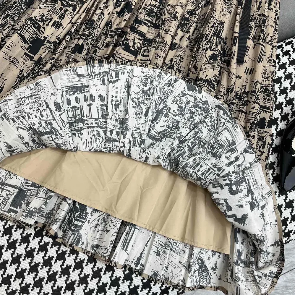 Dior Pleated Mid-Length Skirt Beige and Black Cotton Gabardine with Paris Allover Motif for Women