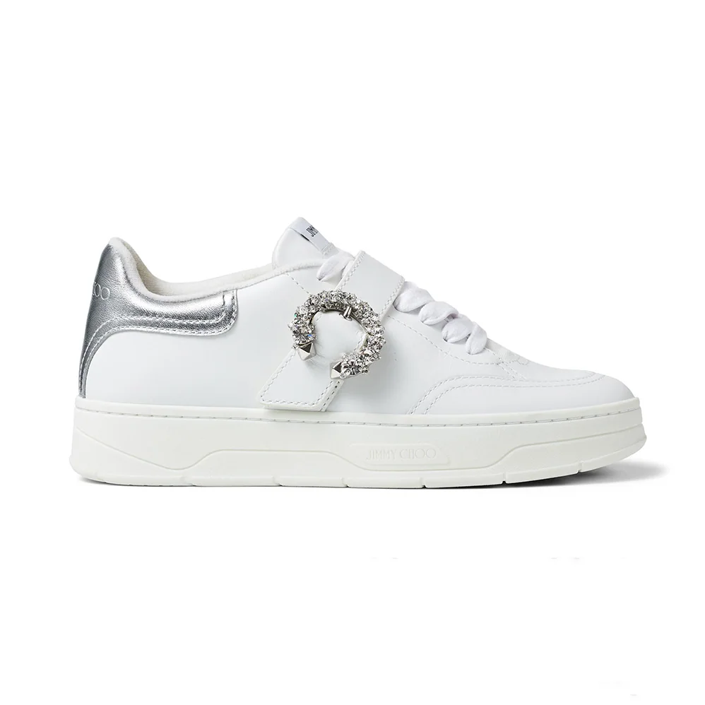 Jimmy Choo Osaka Lace up White Calf Leather and Silver Metallic Nappa Low Top Trainers for Women Jimmy Choo Osaka Lace up White Calf Leather and Silver Metallic Nappa Low Top Trainers for Women